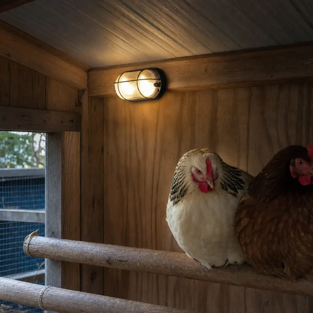 A warm-white LED light fixture mounted inside a chicken coop for winter lighting