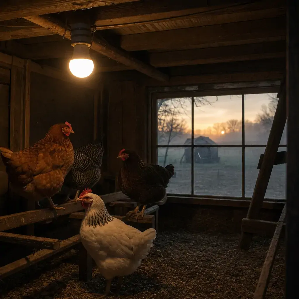A single warm-white light bulb glowing softly inside a dim coop interior