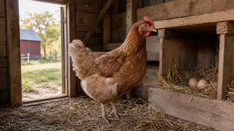 An older brown hen standing in a straw-bedded coop beside a nest box with two eggs