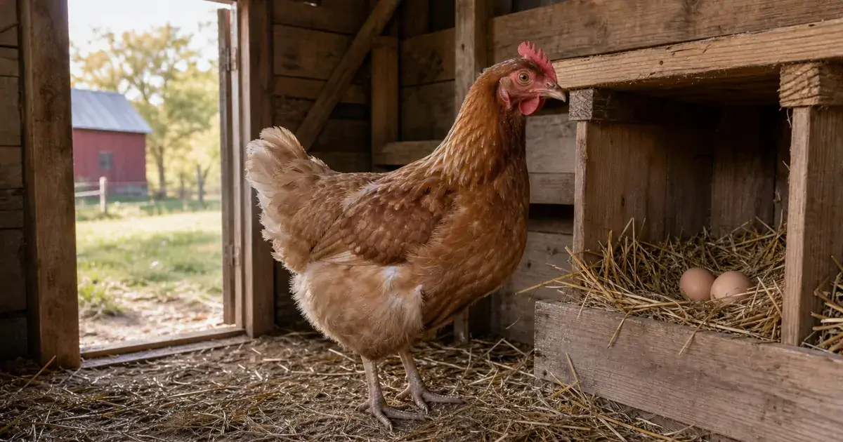 An older brown hen standing in a straw-bedded coop beside a nest box with two eggs