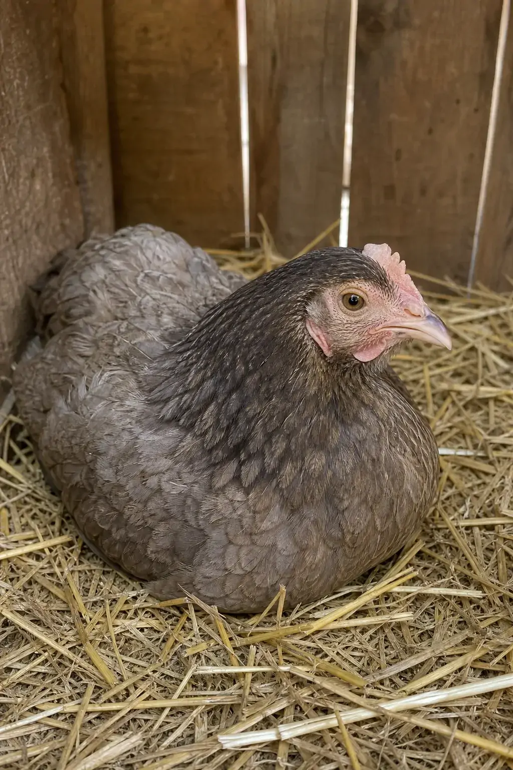 An older hen with a paler comb resting calmly in a coop