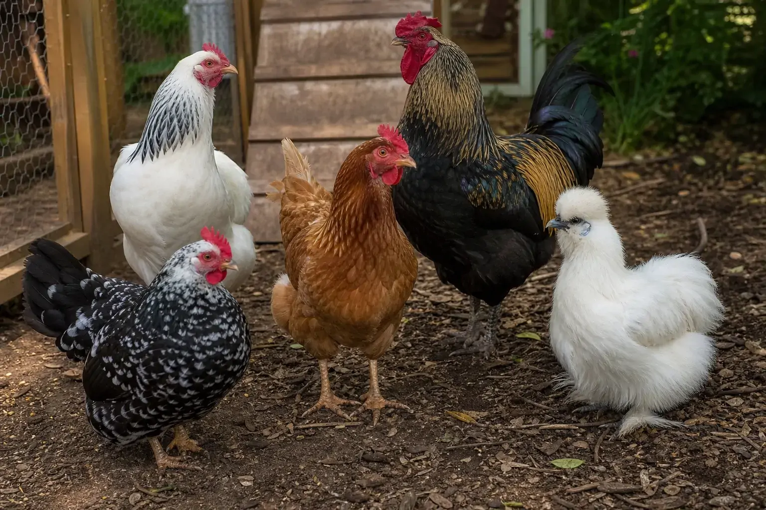 Several different chicken breeds of varying size and color standing together in a backyard run